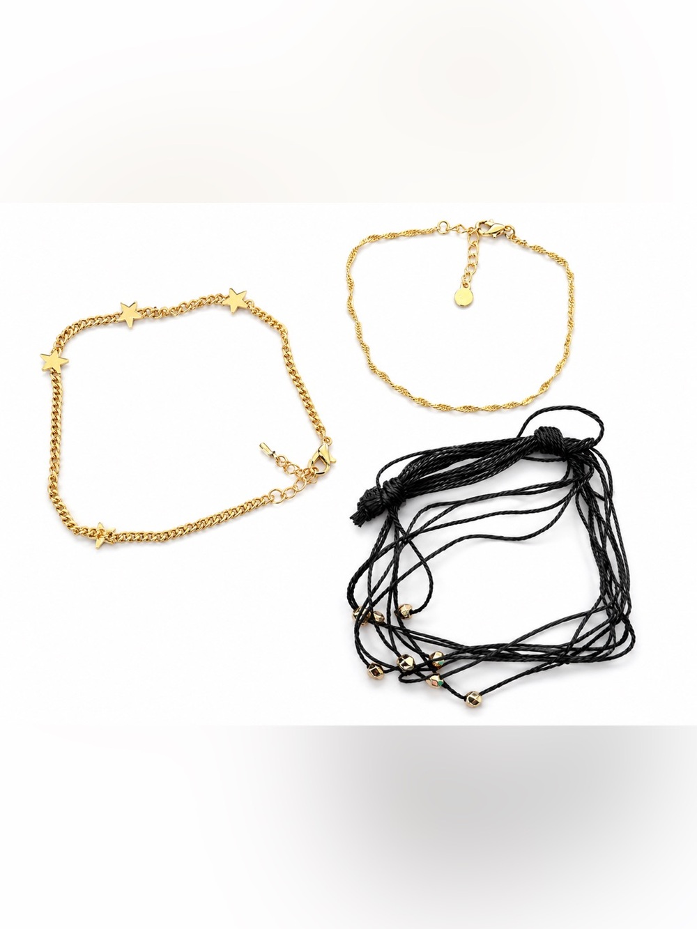 Mixed Gold Tone Anklet & Black Cord Bracelet Lot Stars Boho Adjustable